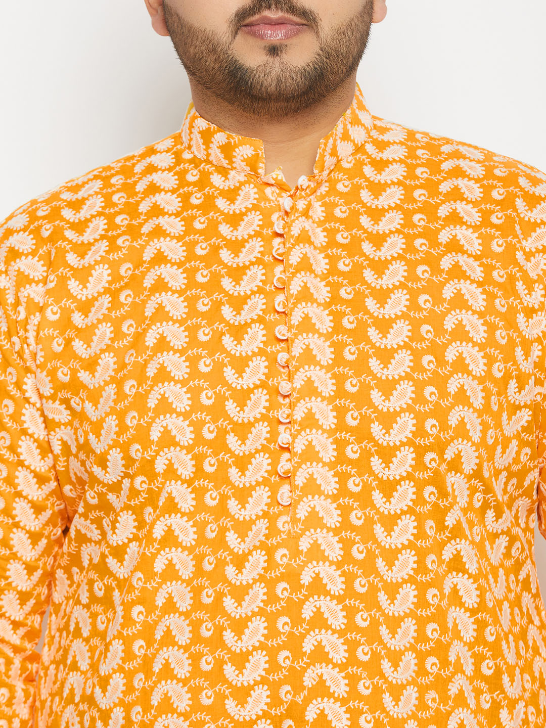 Men's Plus Size Orange Chikankari Embroidered Kurta And White Cotton Pant Style Pyjama Set