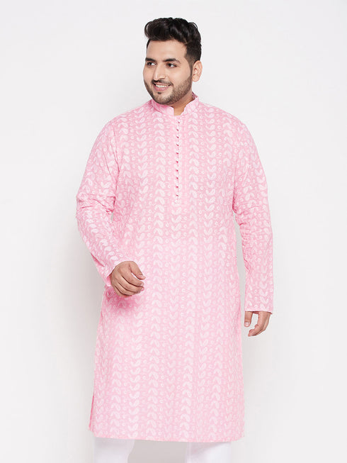 Men's Plus Size Pink Chikankari Embroidered Kurta