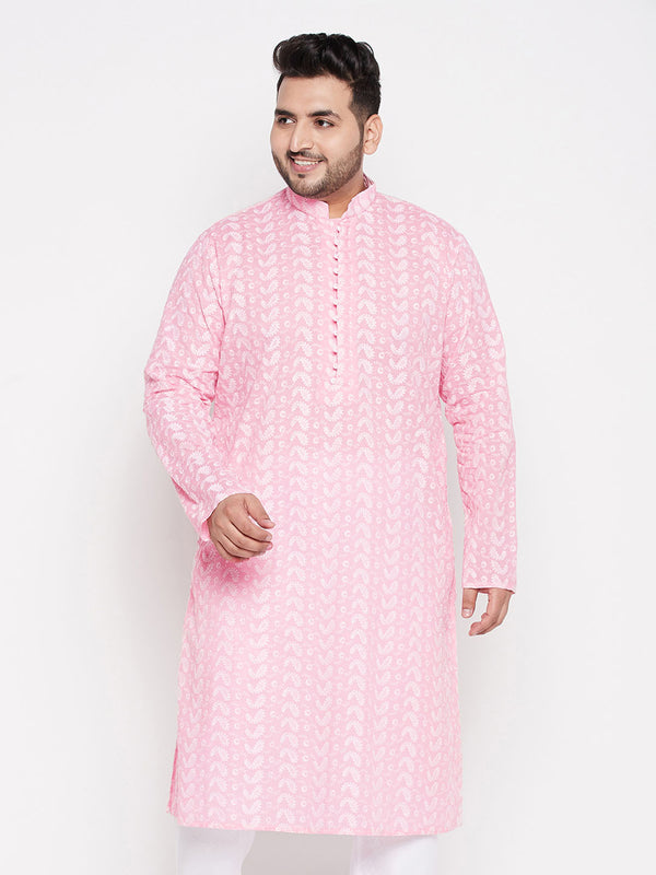Men's Plus Size Pink Chikankari Embroidered Kurta
