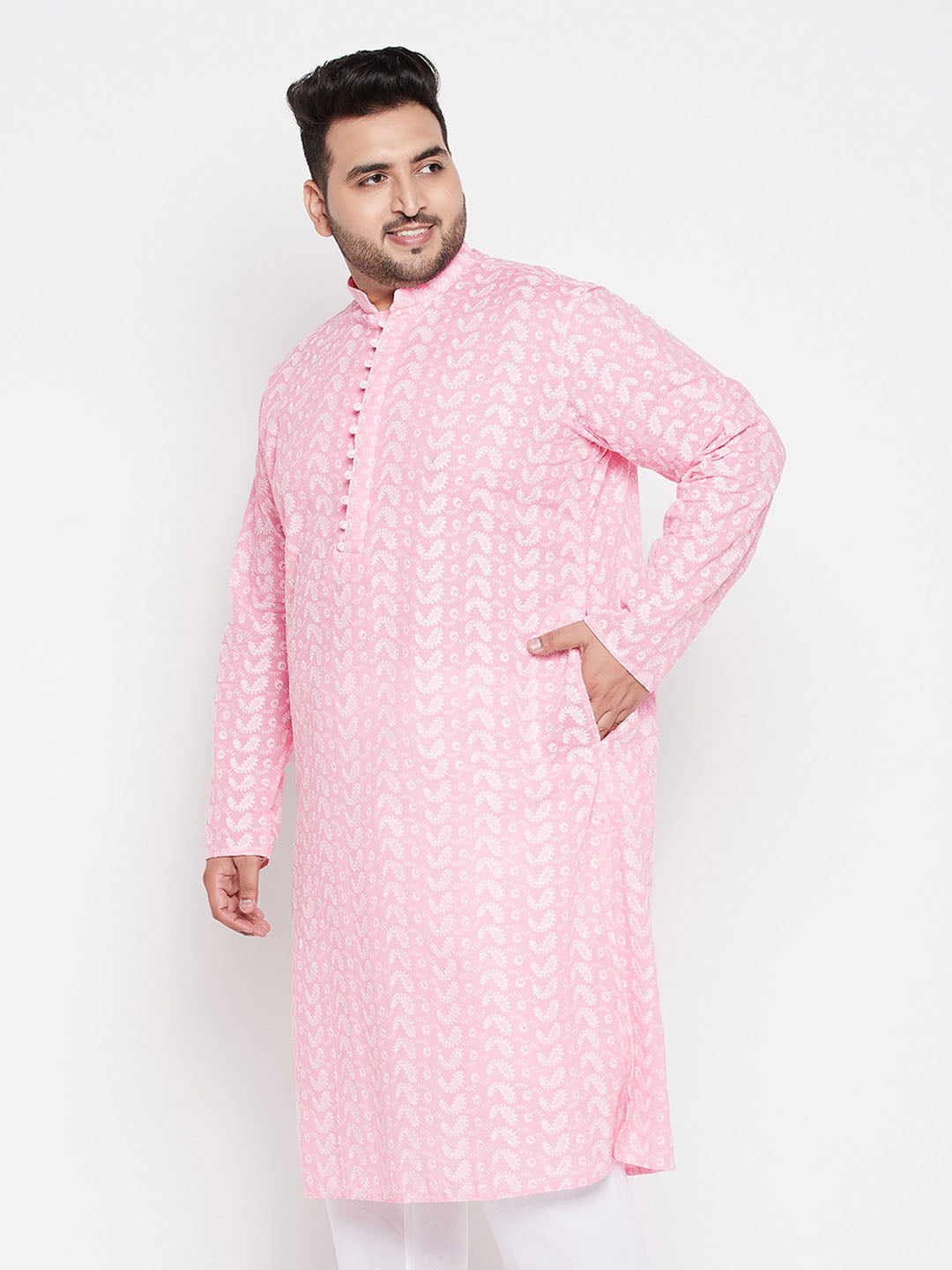 Men's Plus Size Pink Chikankari Embroidered Kurta