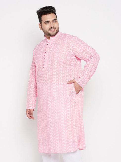 Men's Plus Size Pink Chikankari Embroidered Kurta