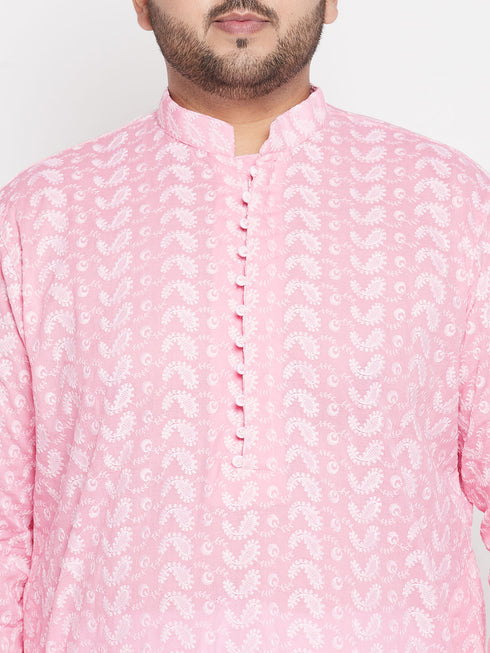 Men's Plus Size Pink Chikankari Embroidered Kurta
