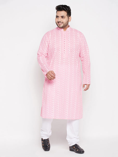Men's Plus Size Pink Chikankari Embroidered Kurta