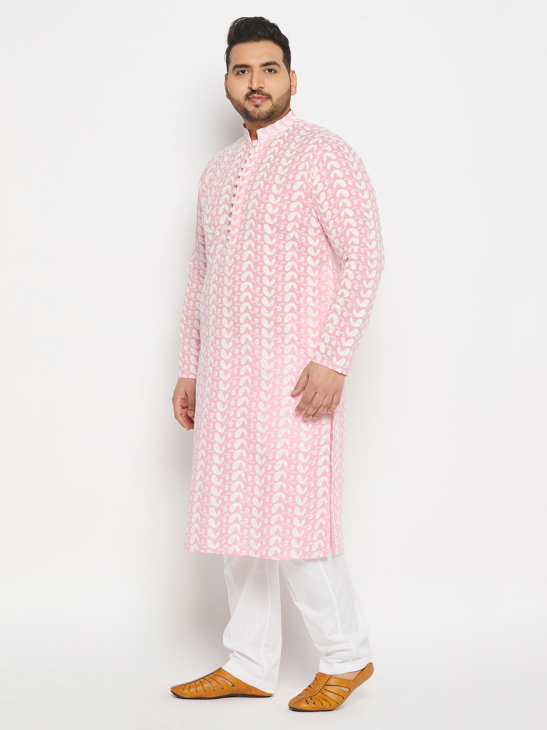 Men's Plus Size Pink Chikankari Embroidered Kurta And White Cotton Pant Style Pyjama Set