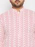 Men's Plus Size Pink Chikankari Embroidered Kurta And White Cotton Pant Style Pyjama Set