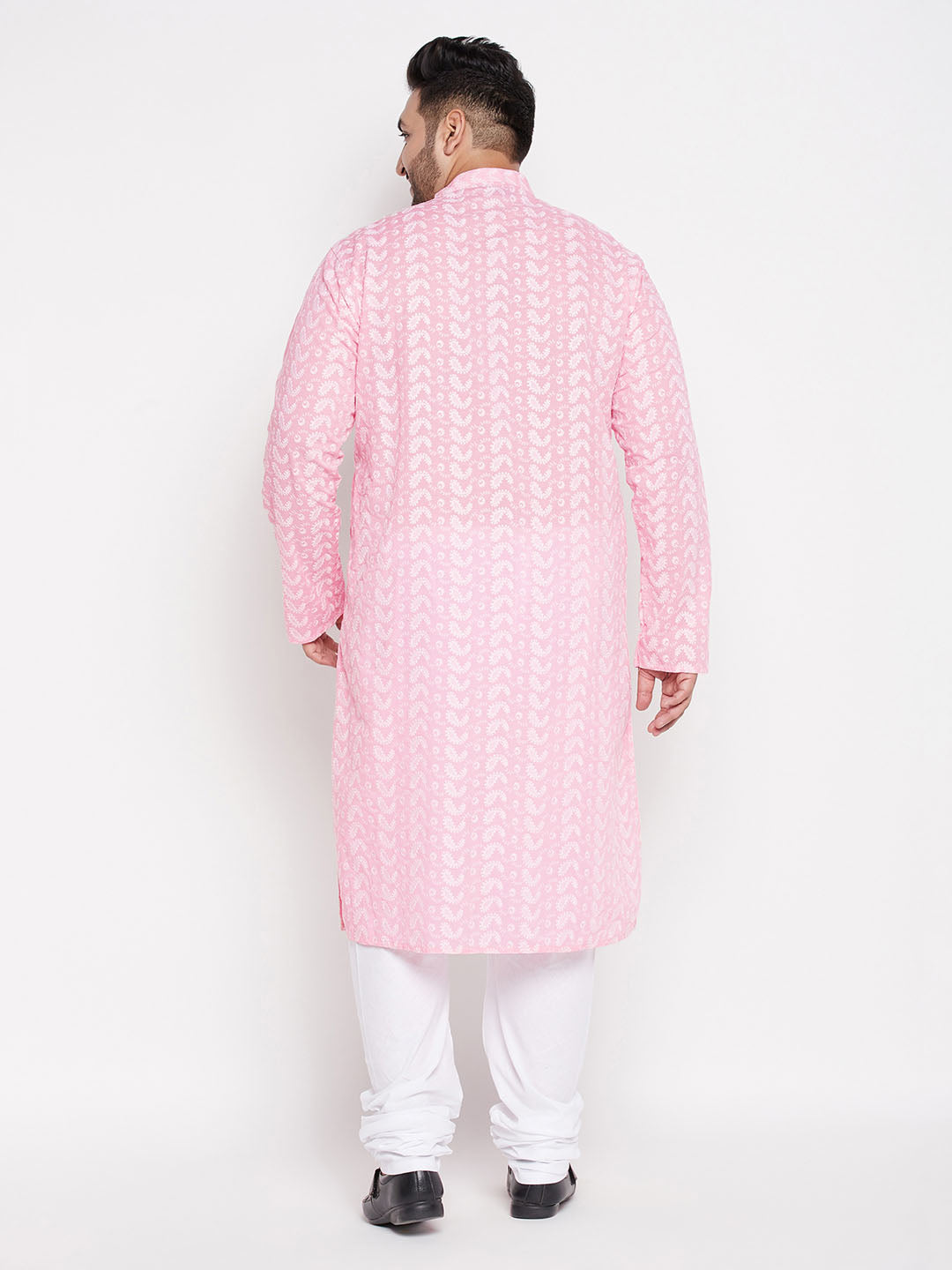 Men's Plus Size Pink Chikankari Embroidered Kurta And White Pyjama Set