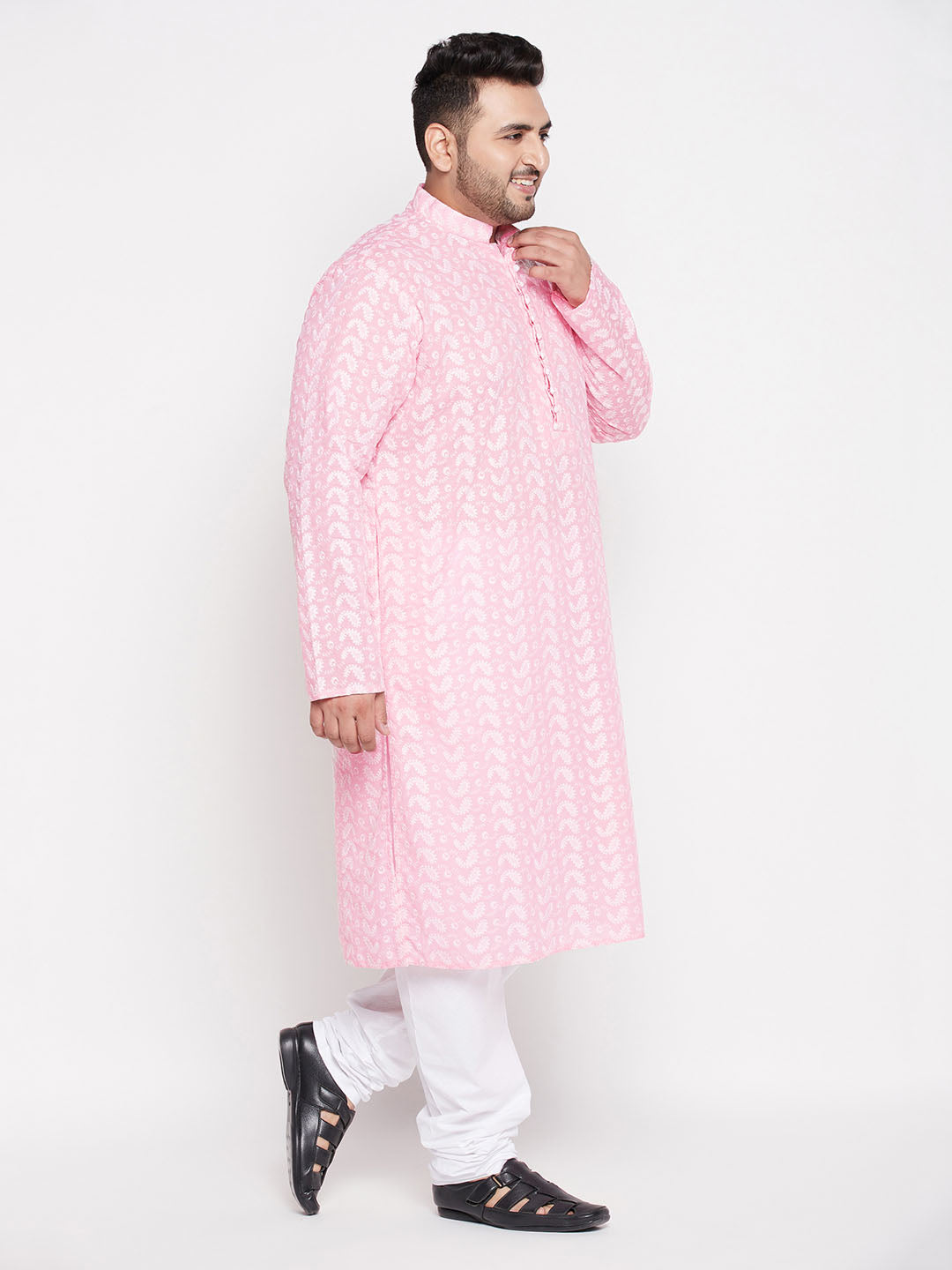 Men's Plus Size Pink Chikankari Embroidered Kurta And White Pyjama Set