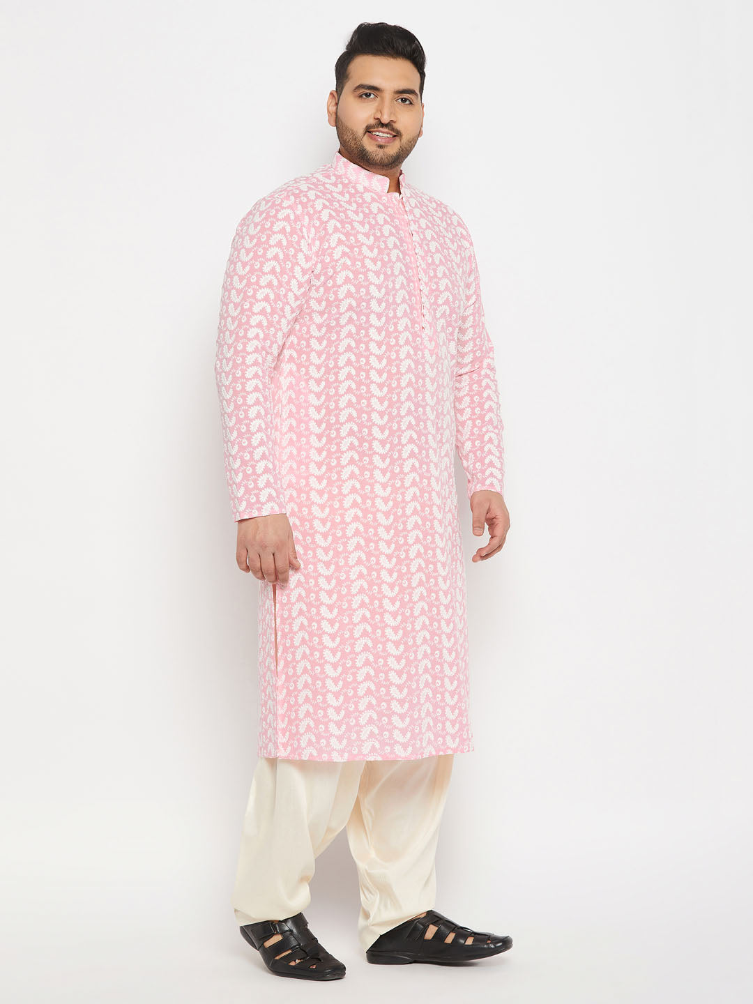 Men's Plus Size Pink Chikankari Embroidered Kurta And Cream Patiala Set