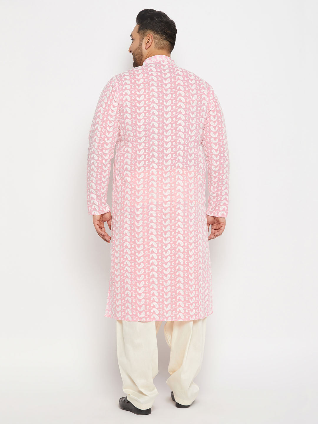 Men's Plus Size Pink Chikankari Embroidered Kurta And Cream Patiala Set