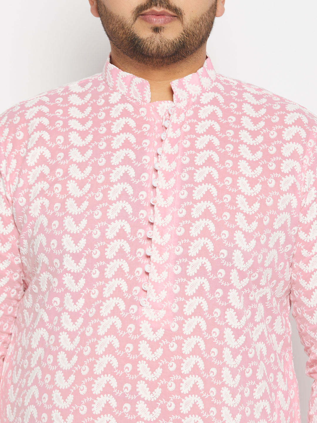 Men's Plus Size Pink Chikankari Embroidered Kurta And Cream Patiala Set