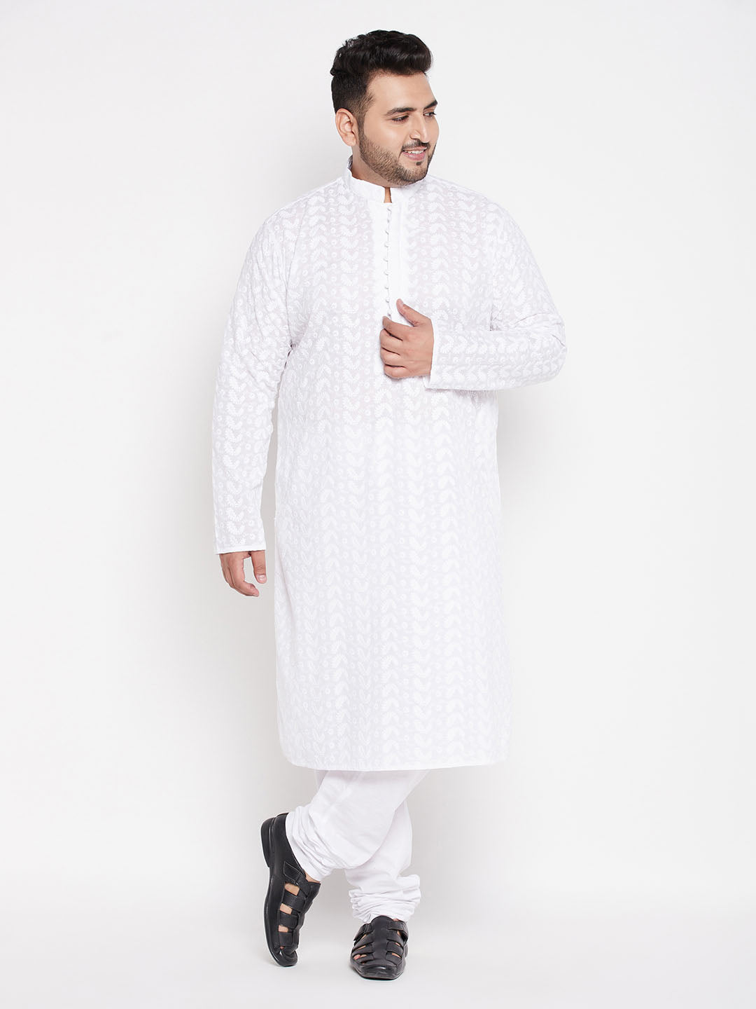 Men's Plus Size White Chikankari Embroidered Kurta And White Pyjama Set