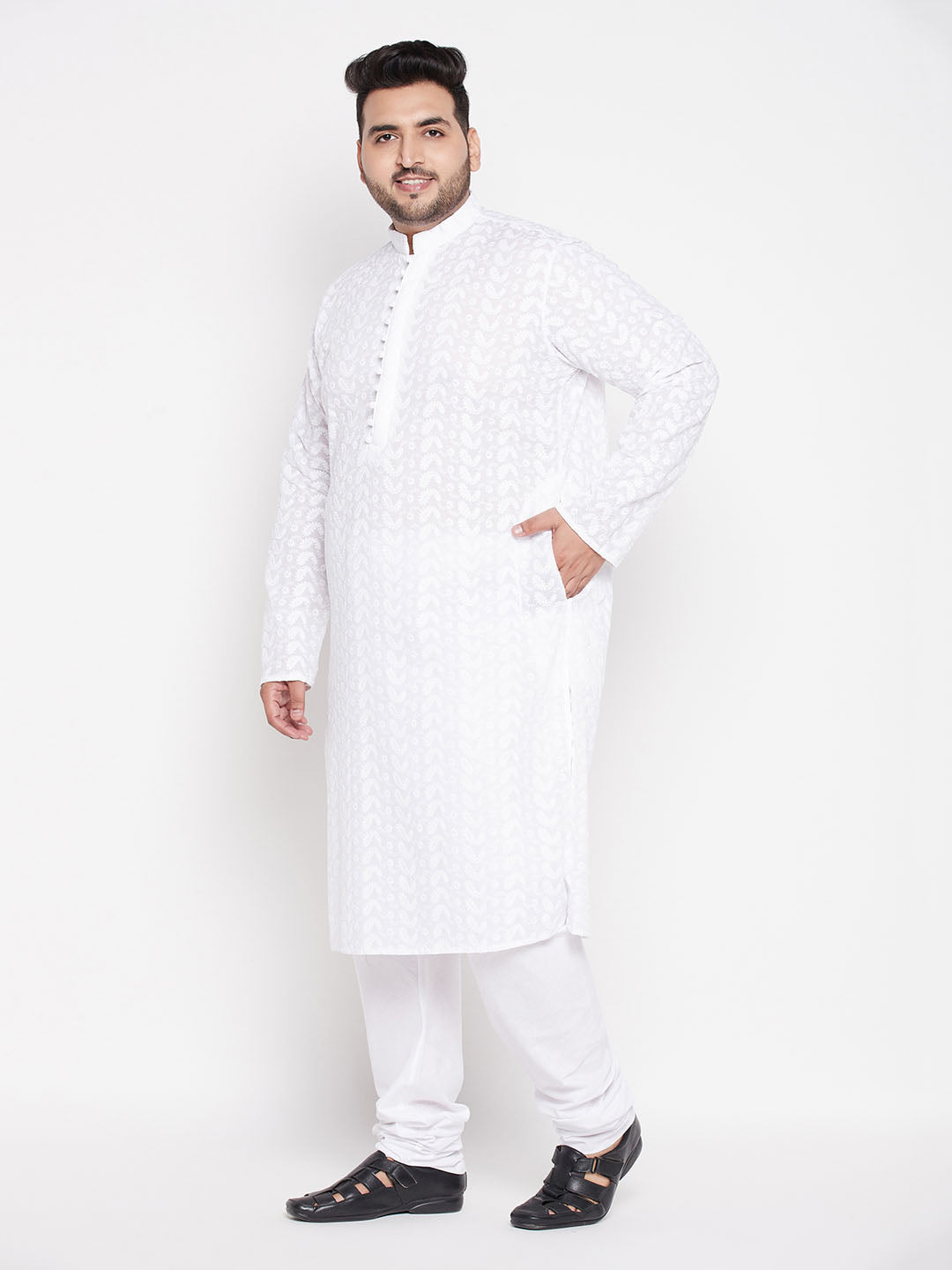 Men's Plus Size White Chikankari Embroidered Kurta And White Pyjama Set