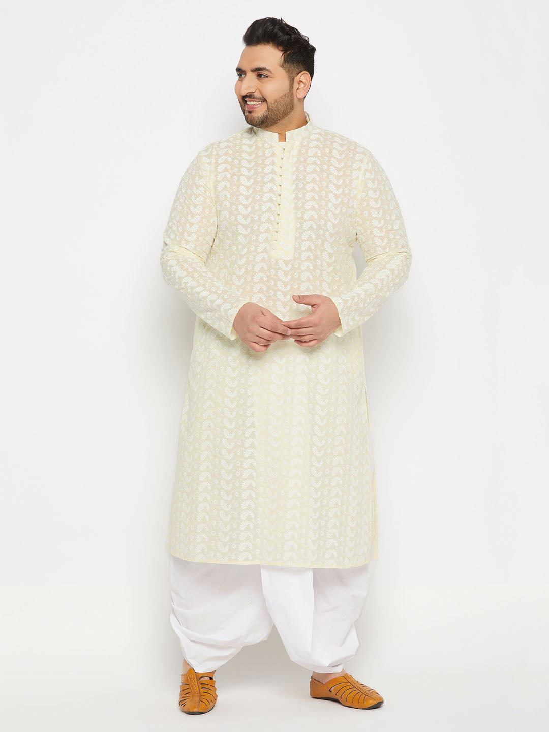 Men's Plus Size Yellow Chikankari Embroidered Kurta And White Dhoti Set