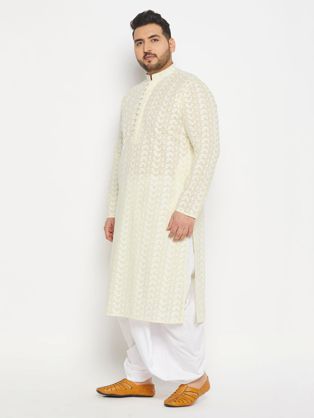 Men's Plus Size Yellow Chikankari Embroidered Kurta And White Dhoti Set