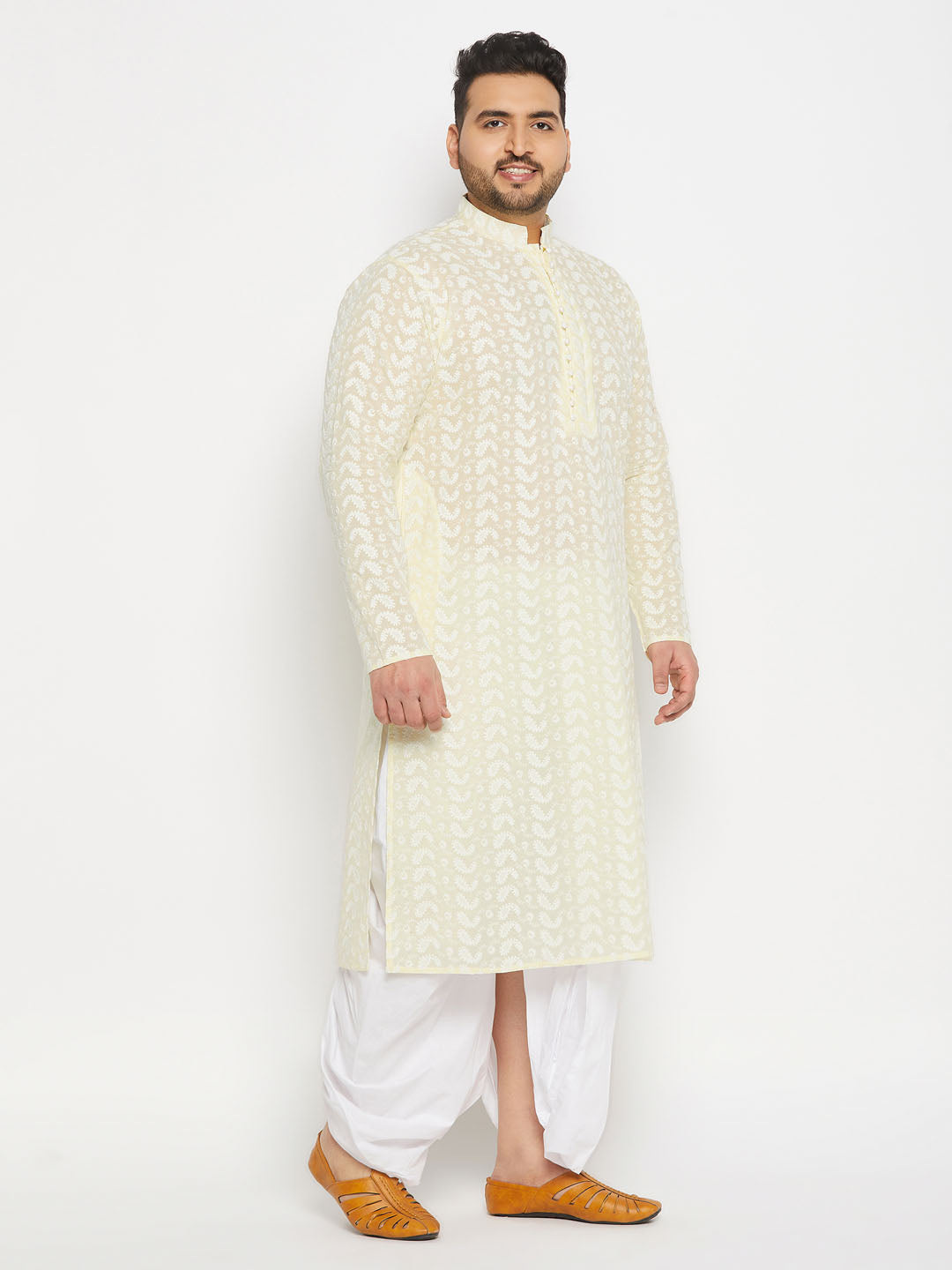 Men's Plus Size Yellow Chikankari Embroidered Kurta And White Dhoti Set