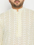 Men's Plus Size Yellow Chikankari Embroidered Kurta And White Cotton Pant Style Pyjama Set