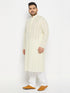 Men's Plus Size Yellow Chikankari Embroidered Kurta And White Cotton Pant Style Pyjama Set