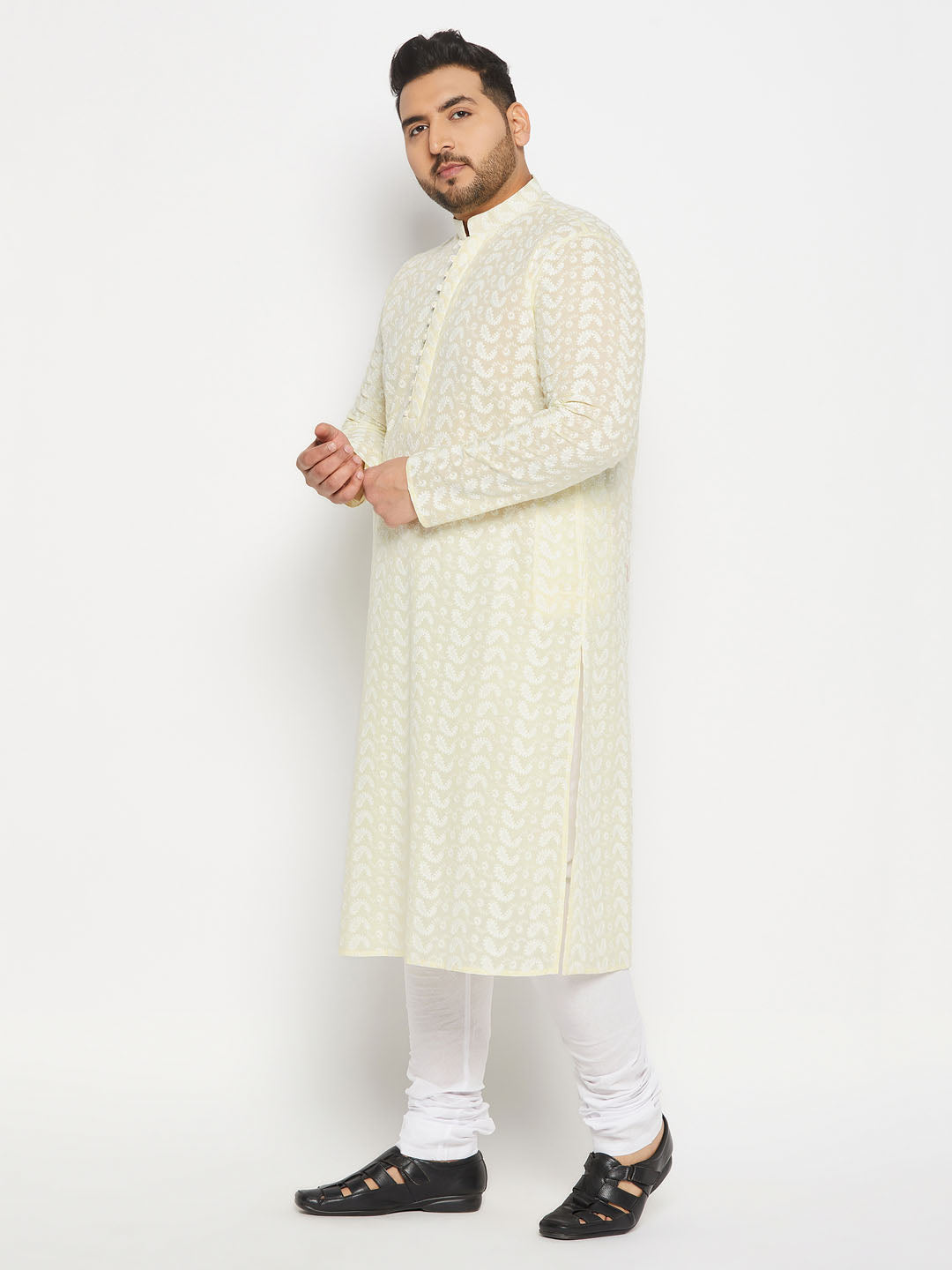 Men's Plus Size Yellow Chikankari Embroidered Kurta And White Pyjama Set