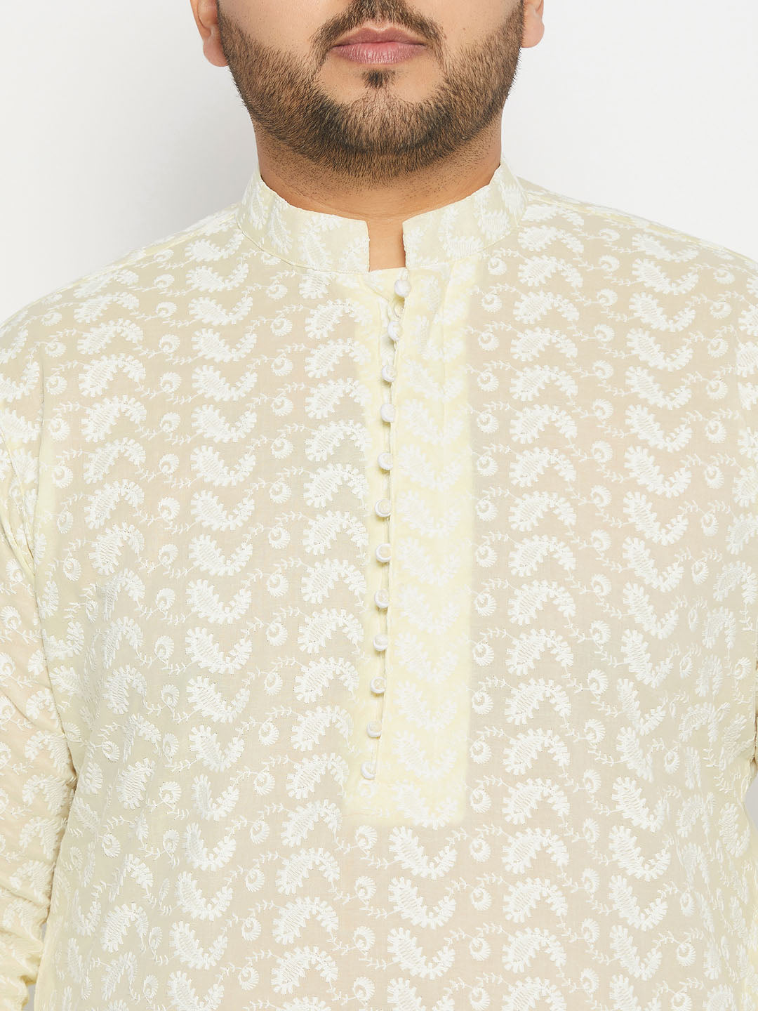 Men's Plus Size Yellow Chikankari Embroidered Kurta And White Pyjama Set