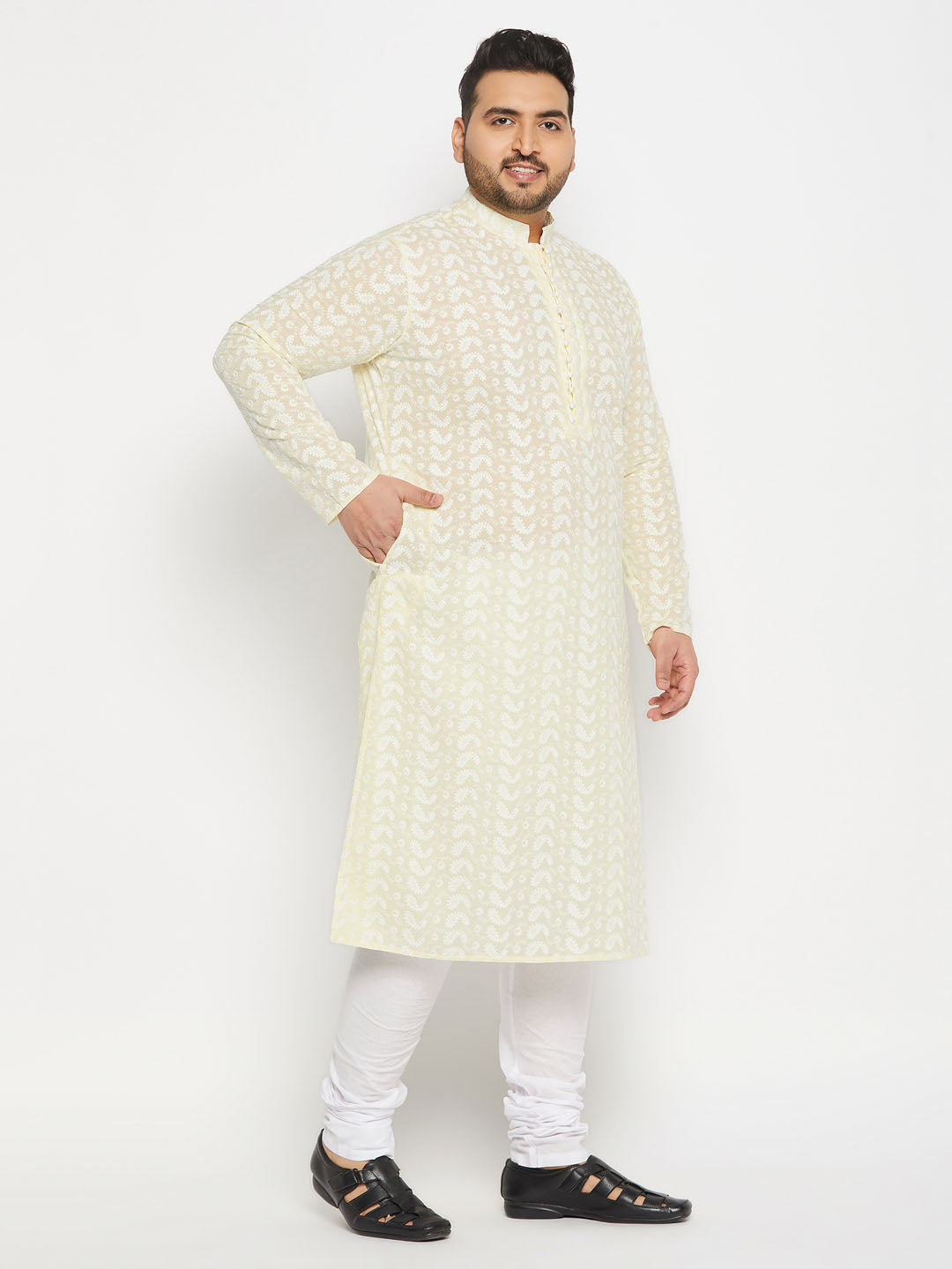 Men's Plus Size Yellow Chikankari Embroidered Kurta And White Pyjama Set