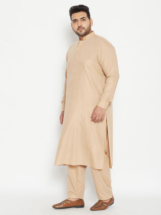 VASTRAMAY Men's Plus Size Light Brown Cotton Blend Pathani Set