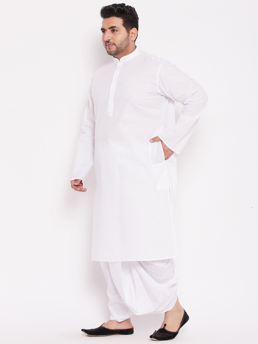 Men's Plus Size White Cotton Kurta And Dhoti Set