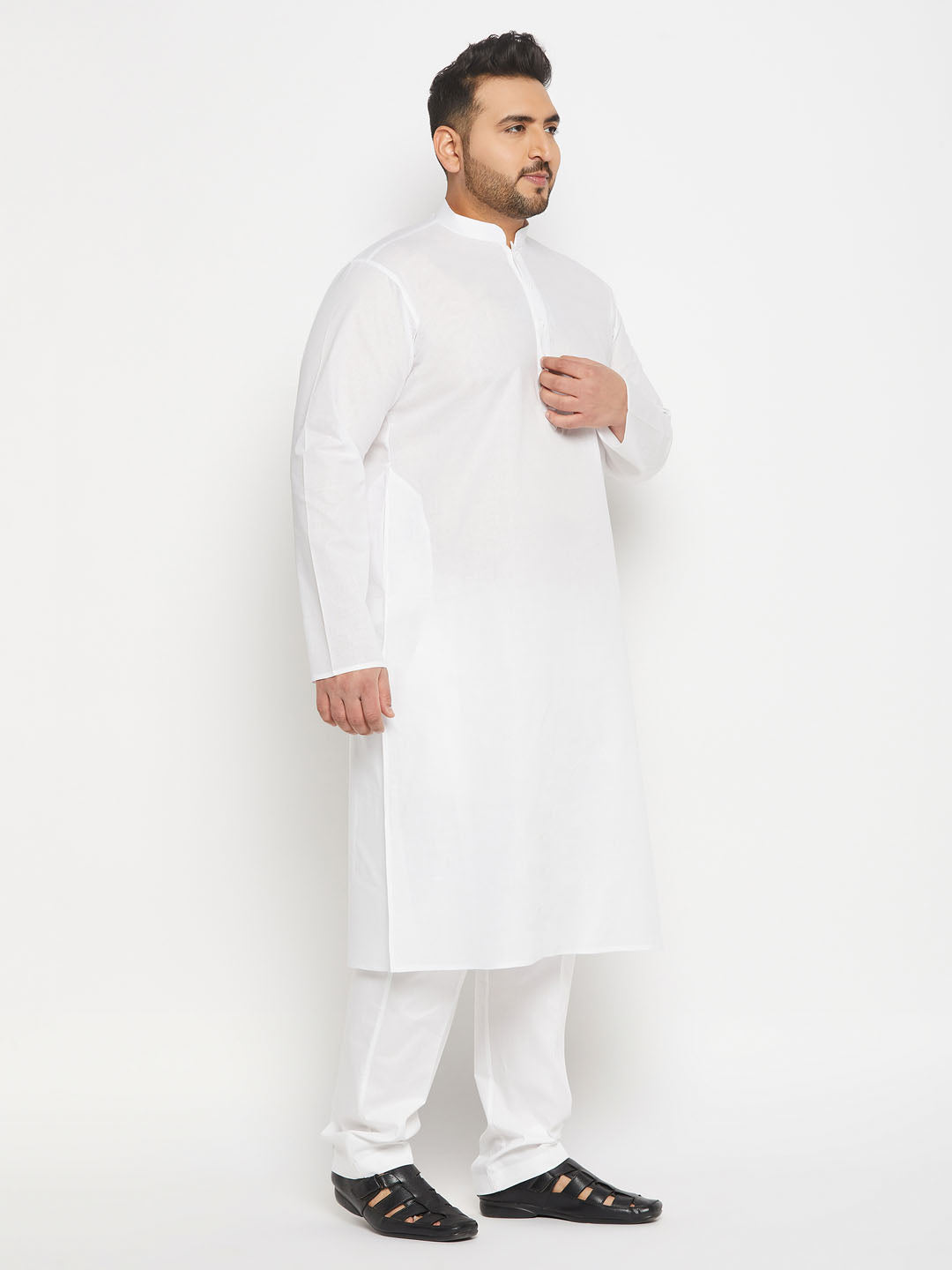 Men's Plus Size White Cotton Kurta And Cotton Pant Style Pyjama Set