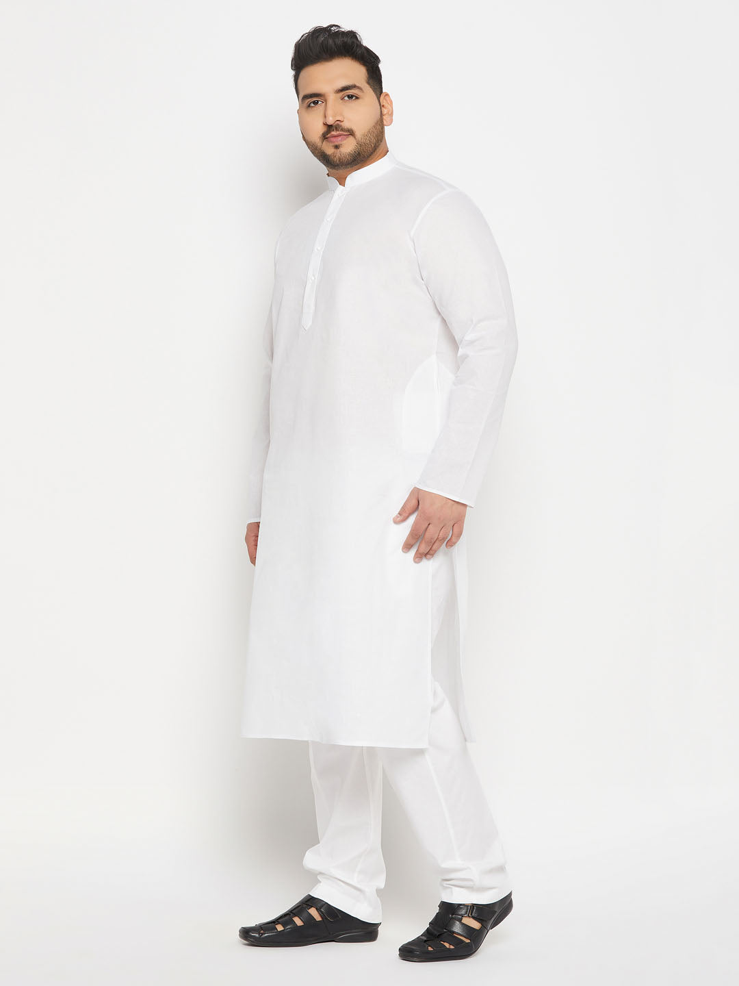 Men's Plus Size White Cotton Kurta And Cotton Pant Style Pyjama Set
