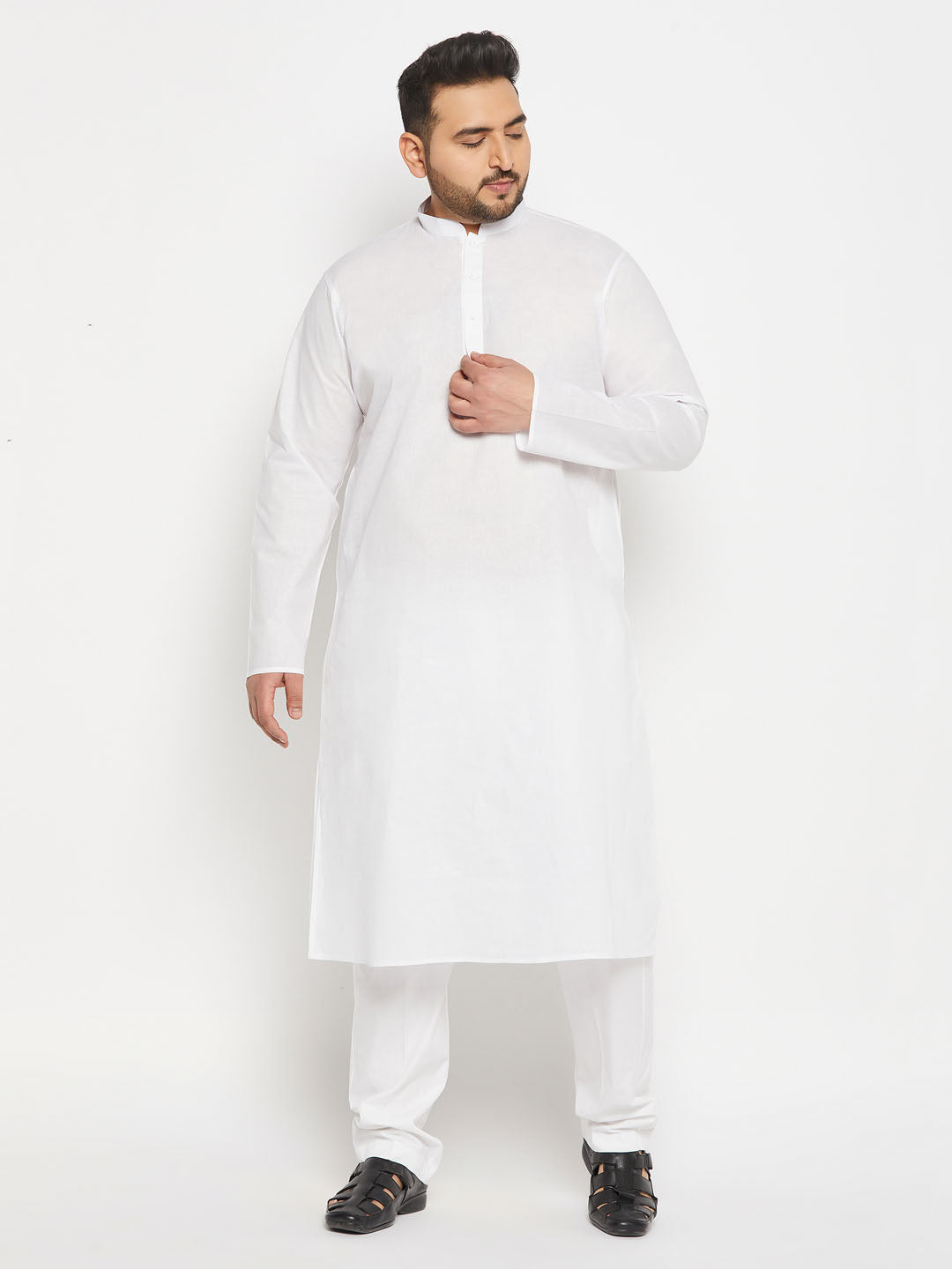 Men's Plus Size White Cotton Kurta And Cotton Pant Style Pyjama Set