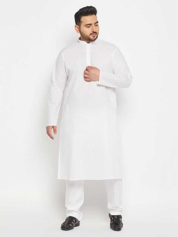 Men's Plus Size White Cotton Kurta And Cotton Pant Style Pyjama Set