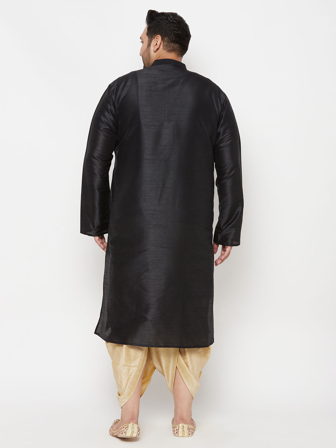 Men's Plus Size Black Silk Blend Kurta And Gold Dhoti Set