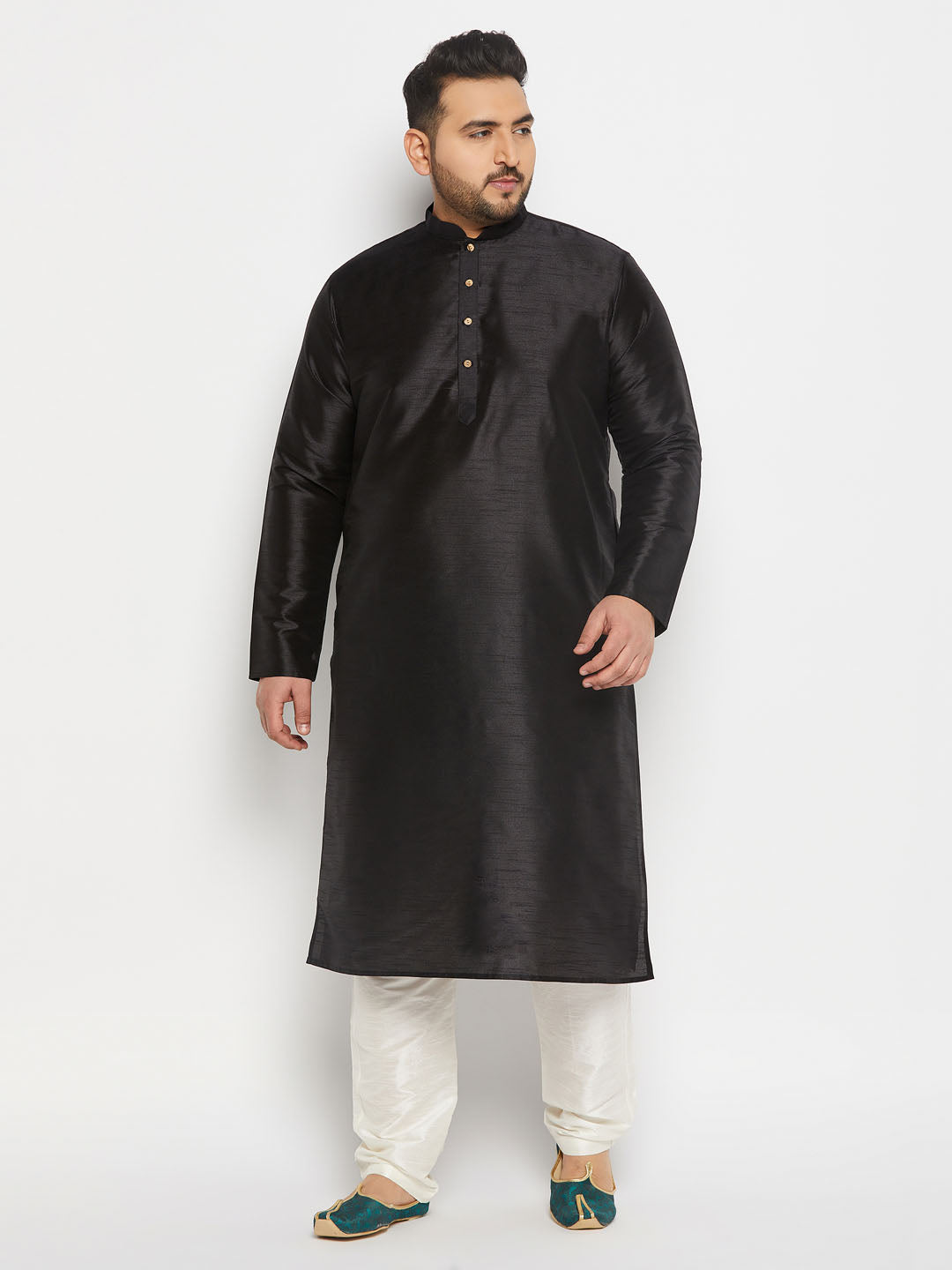 Men's Plus Size Black Silk Blend Kurta And Cream Pant Style Pyjama Set