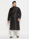 Men's Plus Size Black Silk Blend Kurta And Cream Pant Style Pyjama Set