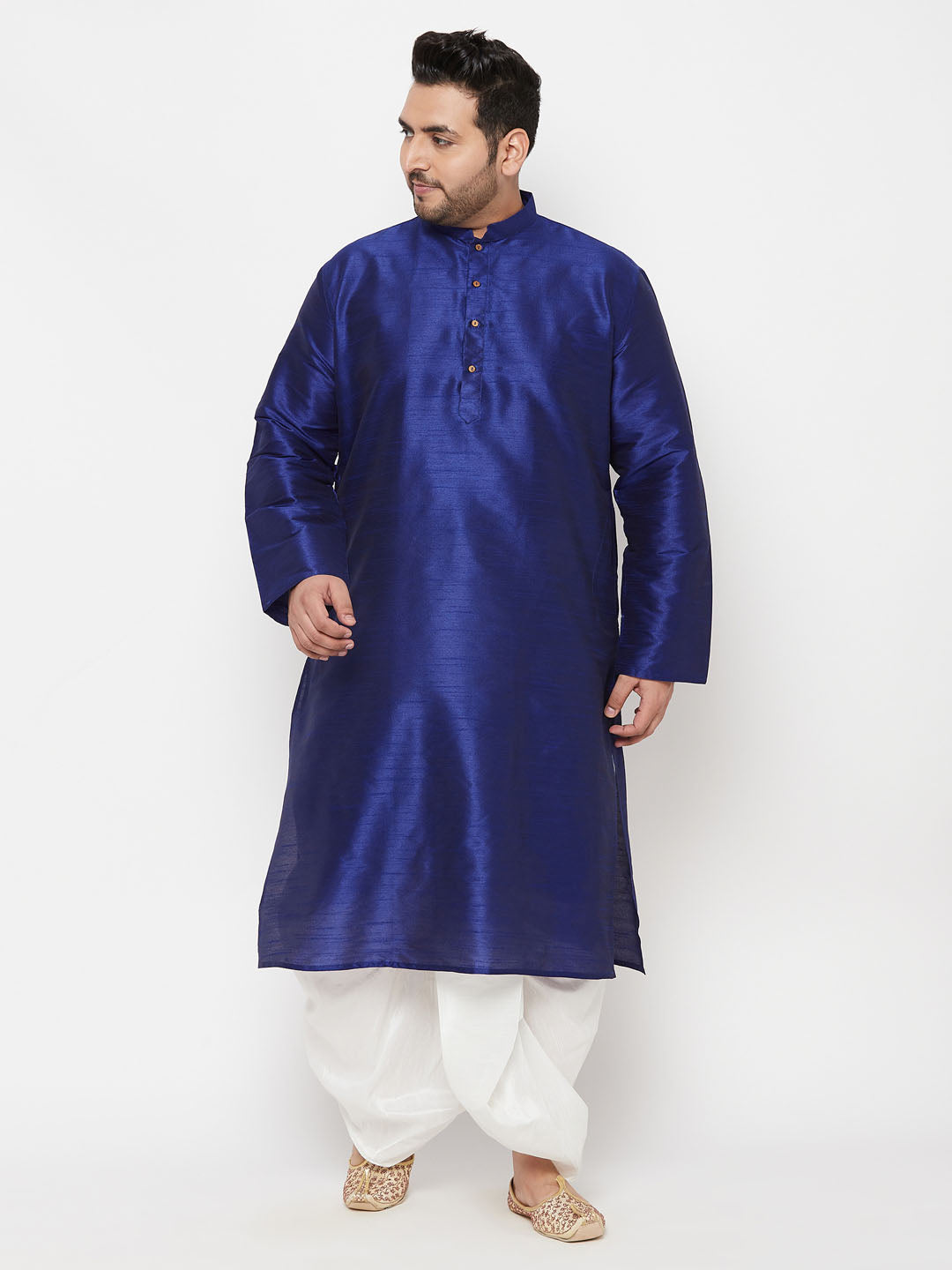 Men's Plus Size Dark Blue Silk Blend Kurta And White Dhoti Set