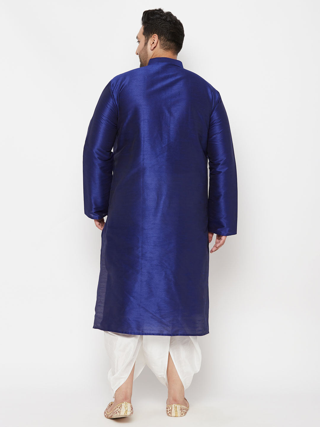 Men's Plus Size Dark Blue Silk Blend Kurta And White Dhoti Set