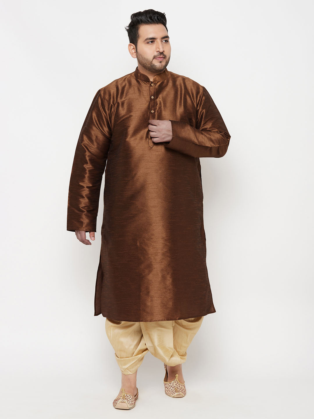 Men's Plus Size Coffee Silk Blend Kurta And Gold Dhoti Set