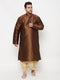 Men's Plus Size Coffee Silk Blend Kurta And Gold Dhoti Set