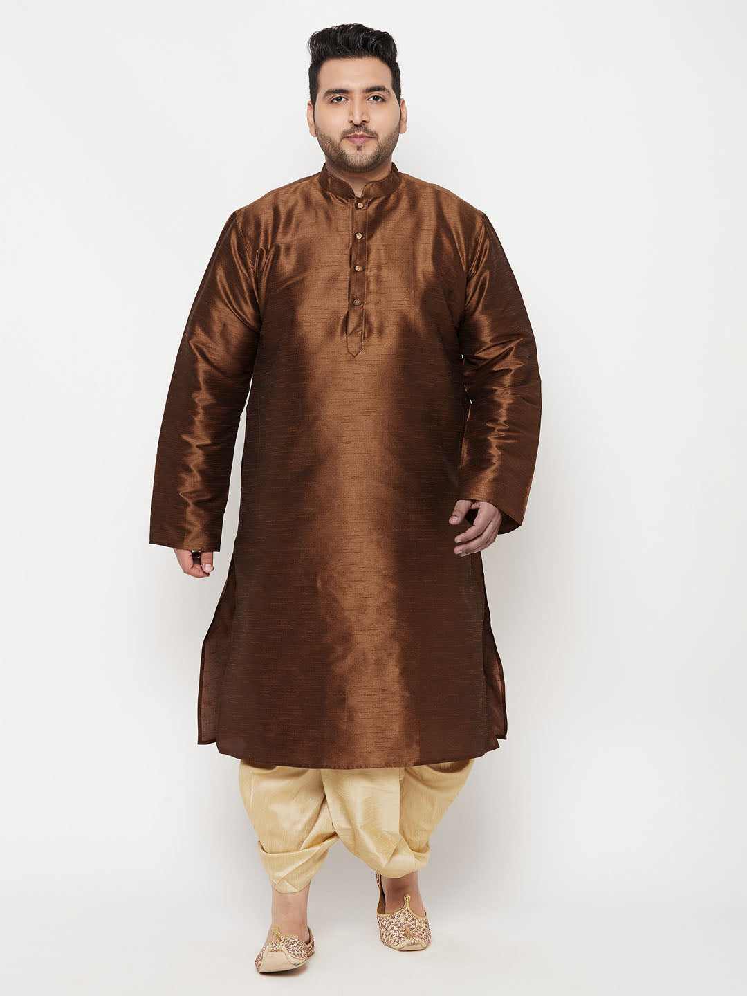 Men's Plus Size Coffee Silk Blend Kurta And Gold Dhoti Set