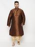 Men's Plus Size Coffee Silk Blend Kurta And Gold Dhoti Set