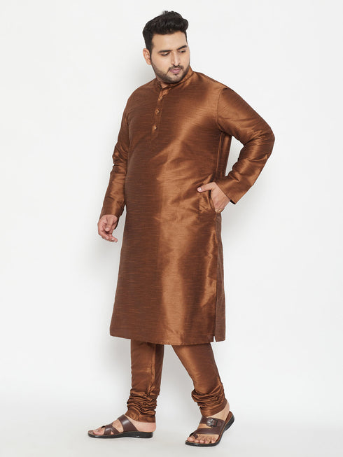 Men's Plus Size Coffee Brown Silk Blend Kurta Pyjama Set