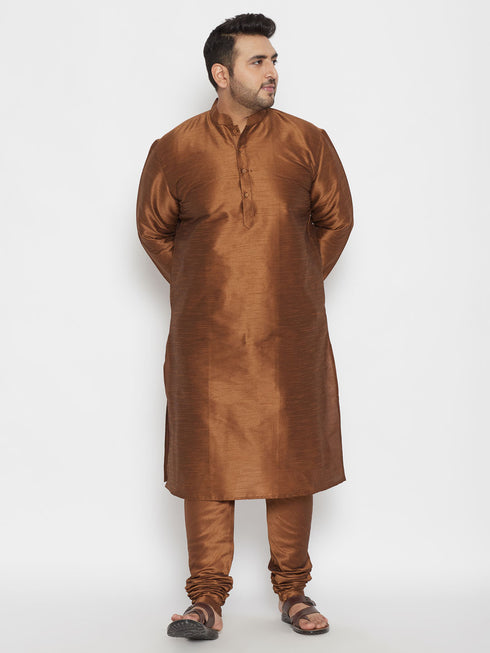 Men's Plus Size Coffee Brown Silk Blend Kurta Pyjama Set