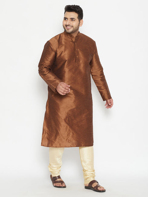 Men's Plus Size Coffee Brown And Gold Silk Blend Kurta Pyjama Set
