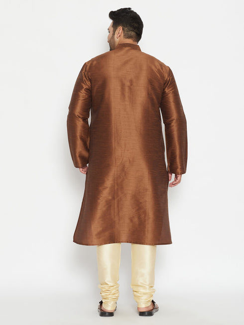 Men's Plus Size Coffee Brown And Gold Silk Blend Kurta Pyjama Set