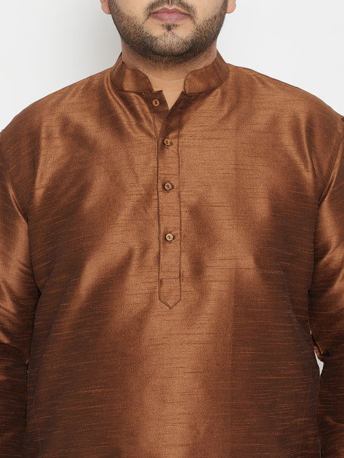 Men's Plus Size Coffee Brown And Gold Silk Blend Kurta Pyjama Set