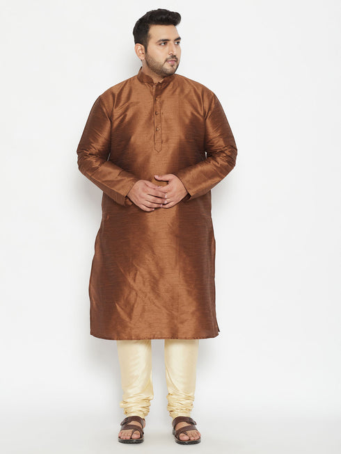 Men's Plus Size Coffee Brown And Gold Silk Blend Kurta Pyjama Set