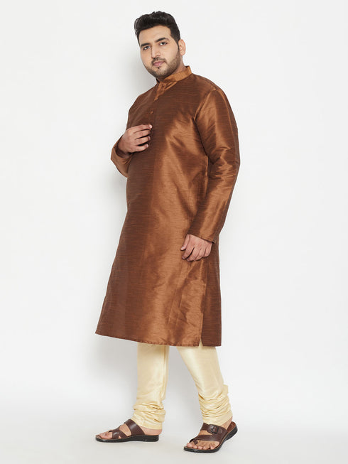 Men's Plus Size Coffee Brown And Gold Silk Blend Kurta Pyjama Set