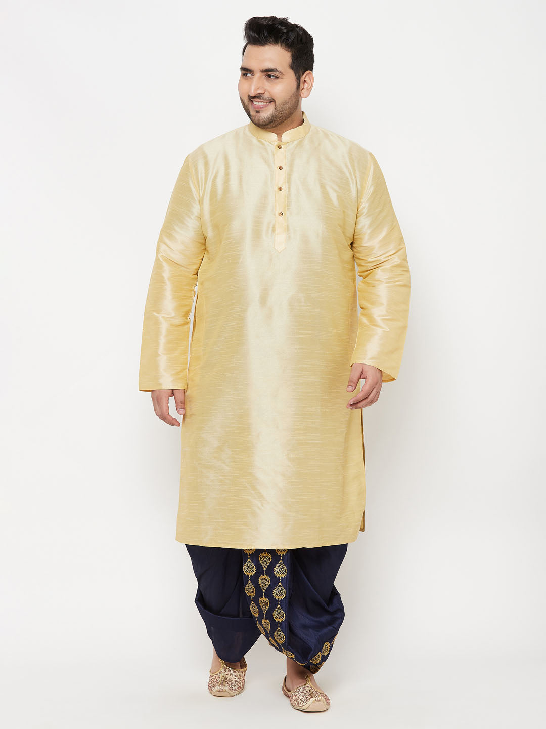 Men's Plus Size Gold Silk Blend Kurta And Navy Blue Dhoti Set