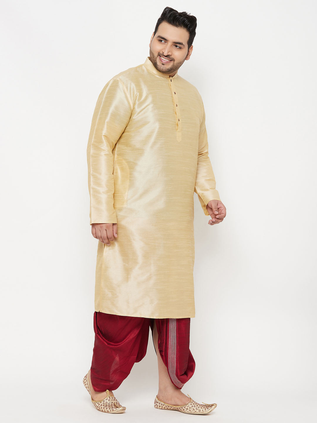 Men's Plus Size Gold Silk Blend Kurta And Maroon Dhoti Set