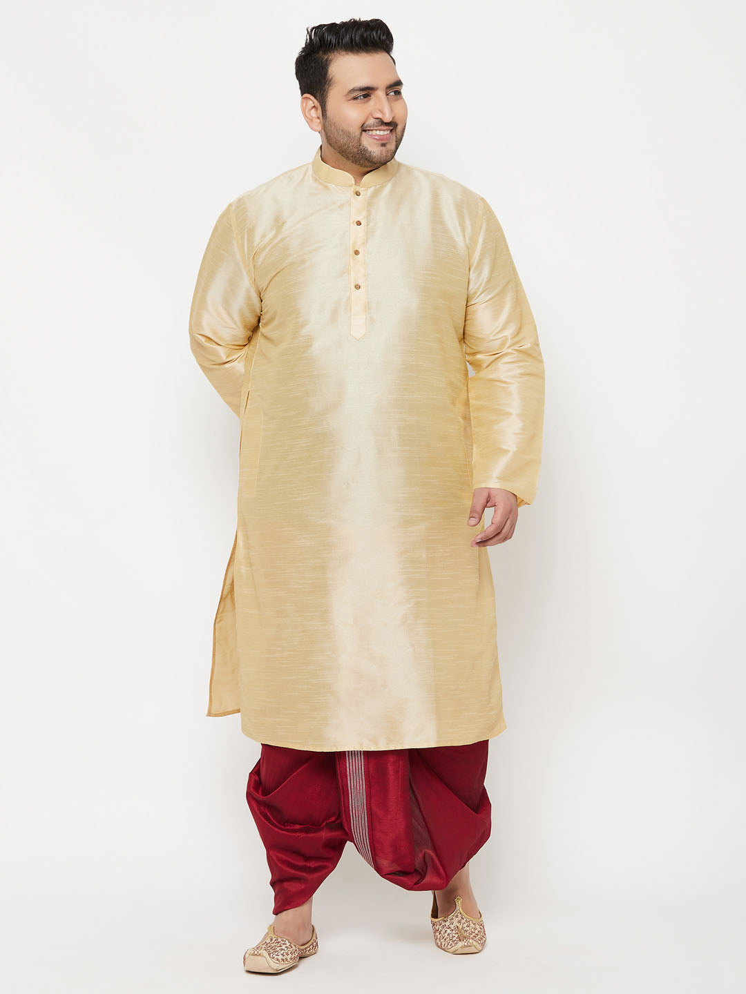 Men's Plus Size Gold Silk Blend Kurta And Maroon Dhoti Set