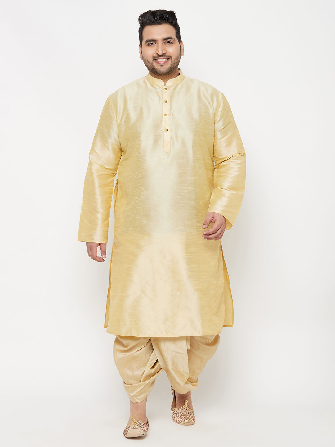 Men's Plus Size Gold Silk Blend Kurta And Gold Dhoti Set